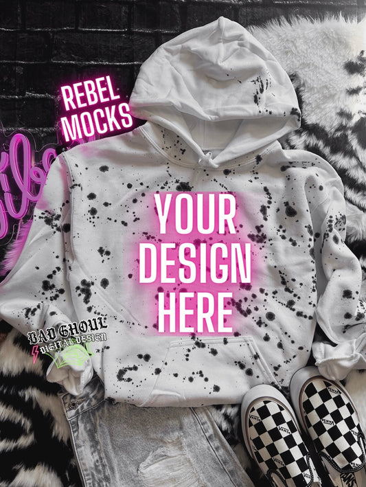 Flat Lay Splatter Hoodie Mock Up Trendy Edgy Vibes