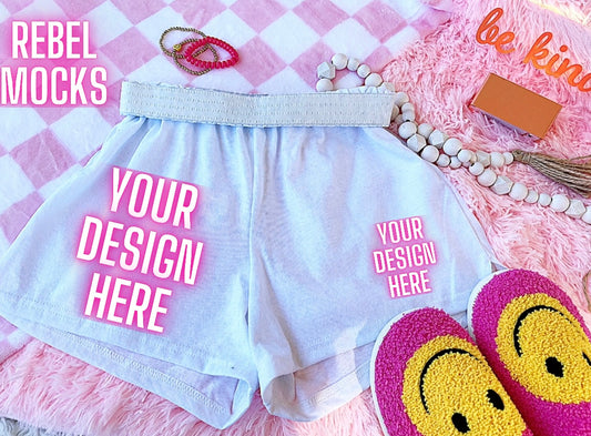 White Soffee 50/50 shorts Happy Vibes TRENDING Flat Lay Mock up