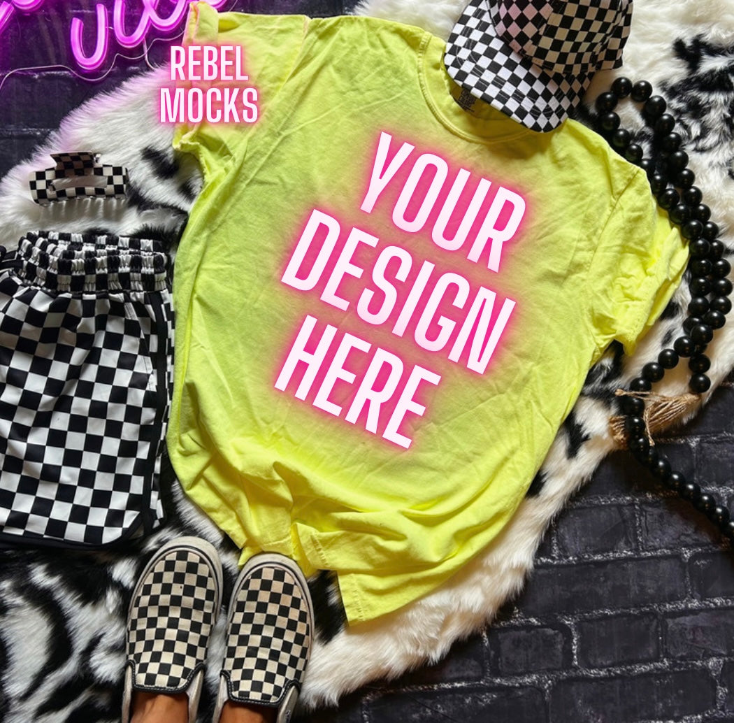 Neon Lemon Collage Tee Mock Up Trendy Edgy Vibes Flat Lay front and back 2 mocks