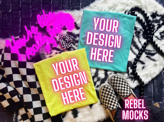 Lemon Neon Yellow and Mint Tee Flat Lay Mock Up Trendy Edgy Vibes