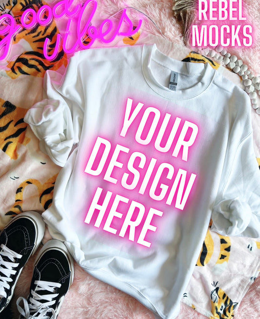 White Crew Neck Trendy Flat Lay Tee  Mock Up