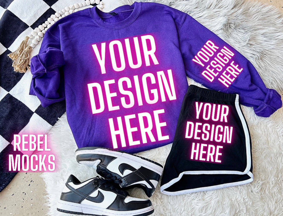 Gildan Purple Crew Neck Sweatshirt Gildan Trendy Mock Up Flat Lay