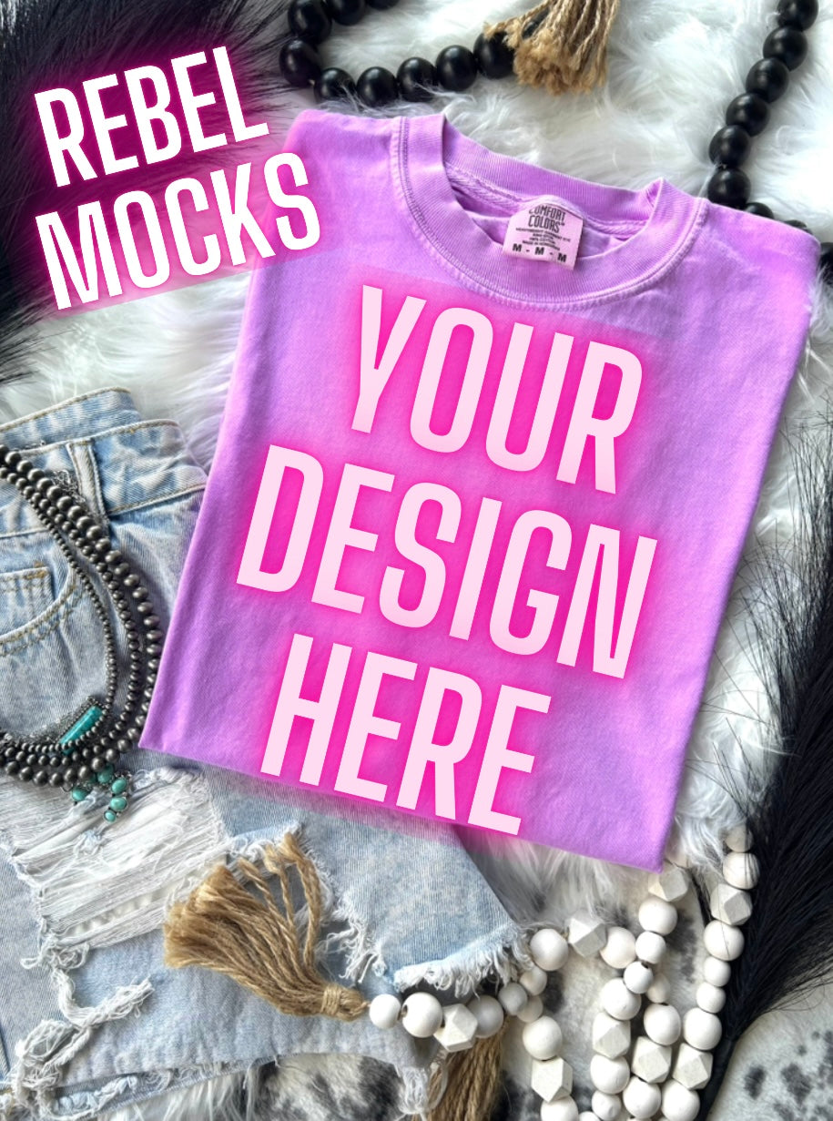 Comfort Colors Neon Violet Tee Flat Lay Mock UP