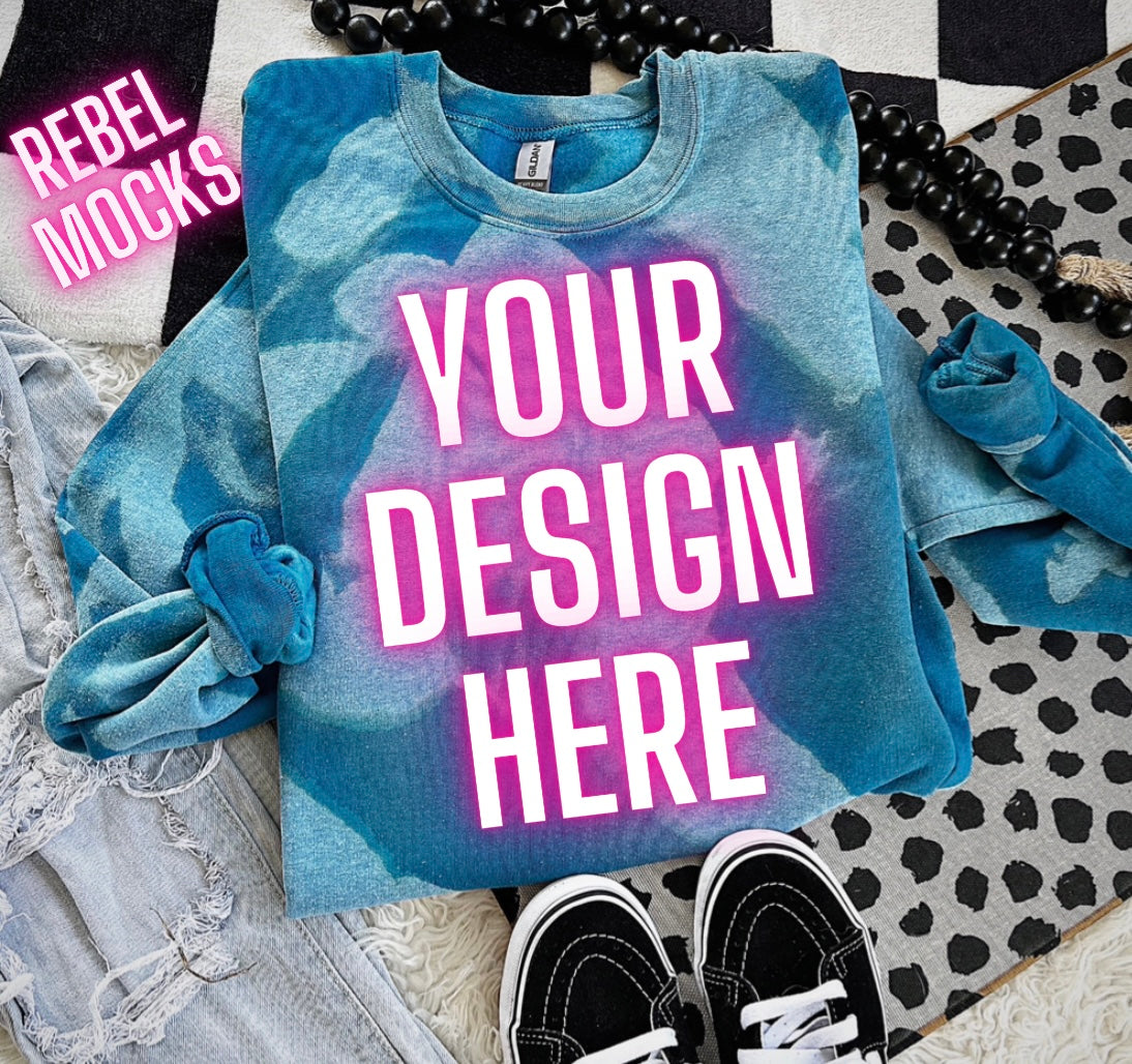 Blue Acid Wash Crew Neck Sweatshirt Flat Lay Mock Up TRENDING VIBES