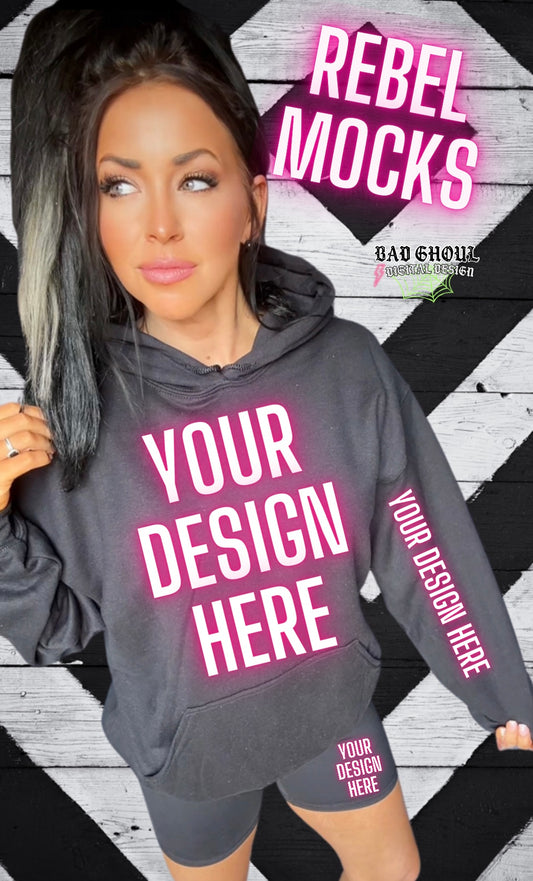 Black Hoodie and Black Biker Shorts IRL Model Mock Up TRENDING