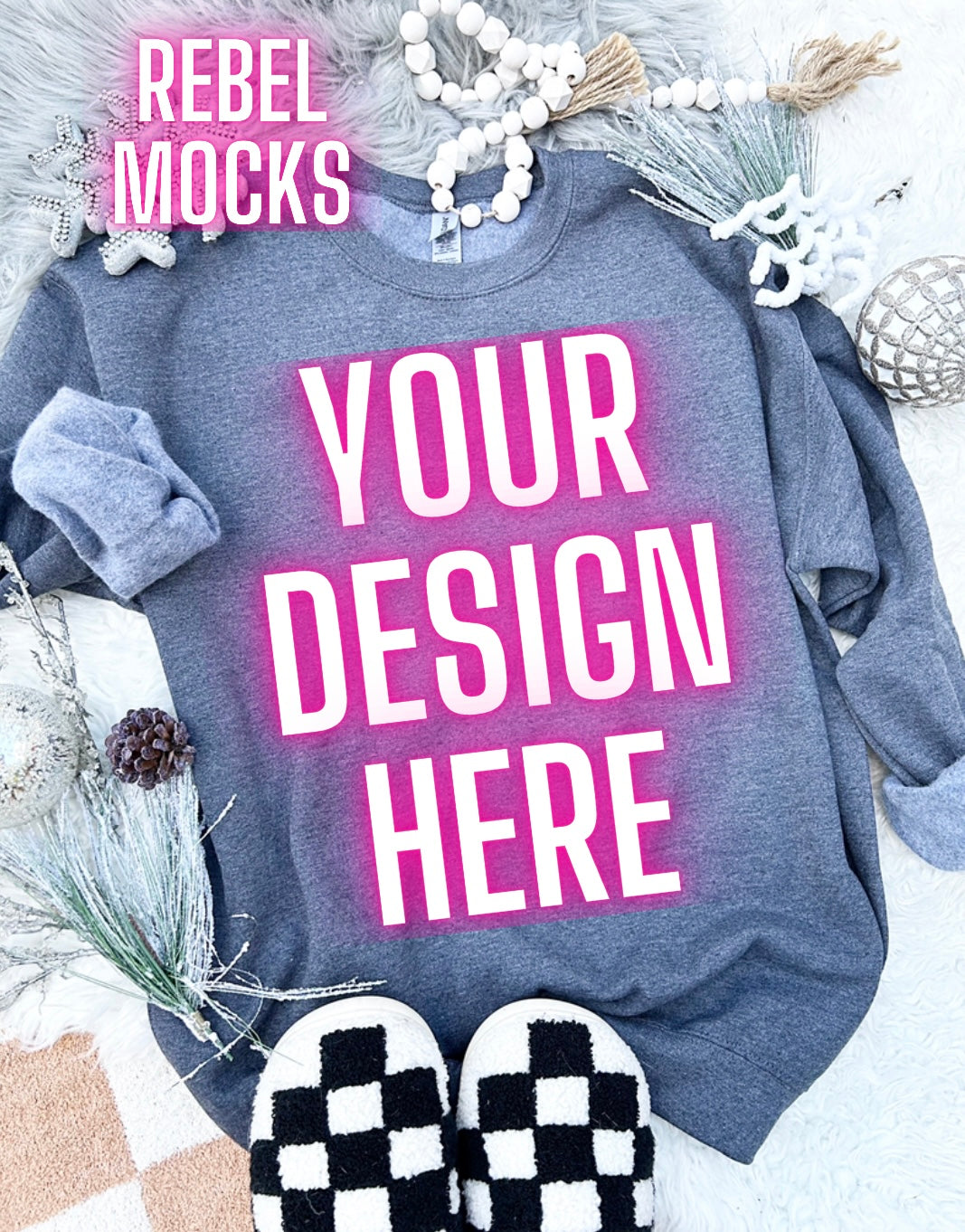 Gildan Heather Charcoal Crewneck Sweatshirt Neutral Holiday Winter Flat Lay Mock Up Checkered