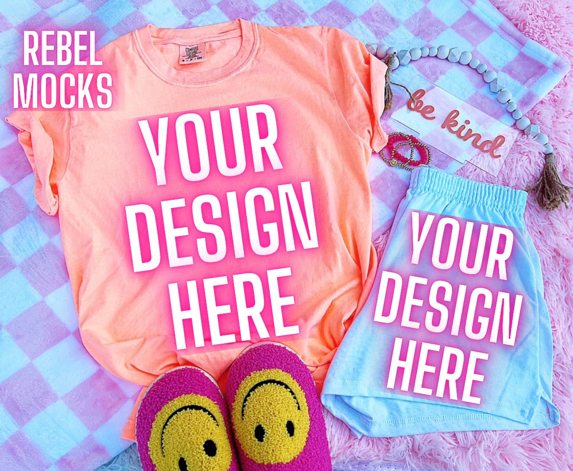 Neon Cantaloupe  Tee Happy Vibes TRENDING Flat Lay Mock up