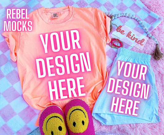 Neon Cantaloupe  Tee Happy Vibes TRENDING Flat Lay Mock up