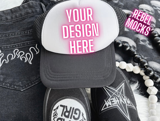 Alt Trucker hat Mock Up Trendy Edgy Vibes Flat Lay