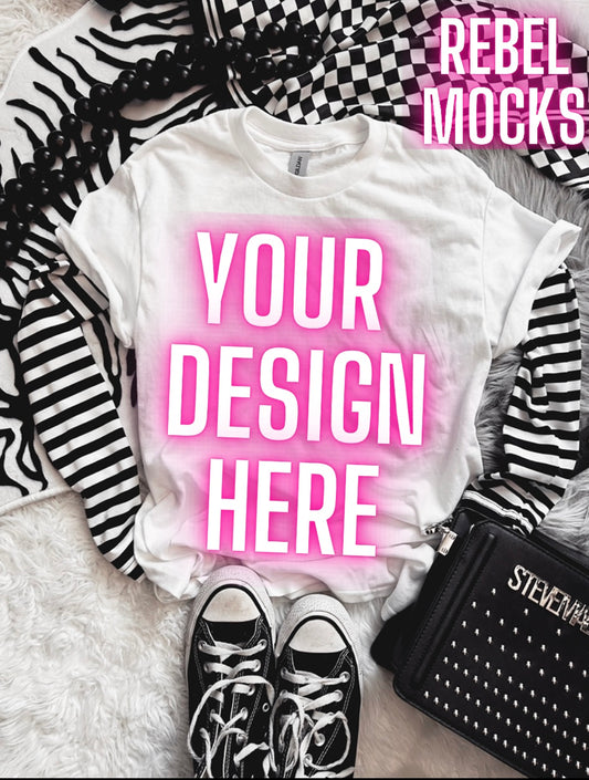 White Tee Flat Lay Edgy Mock Up
