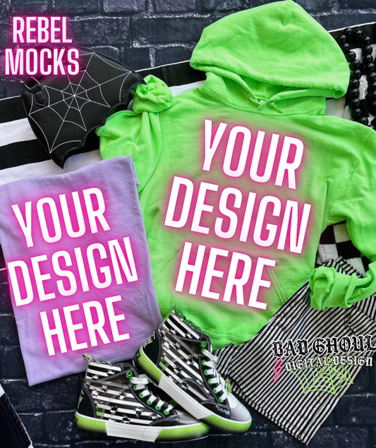 Gildan Lavender and Jerzee Neon Green Flat Lay Hoodie Mock Up TRENDING