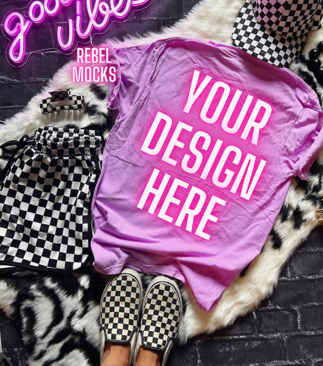 Neon Purple Collage Tee Mock Up Trendy Edgy Vibes Flat Lay Back