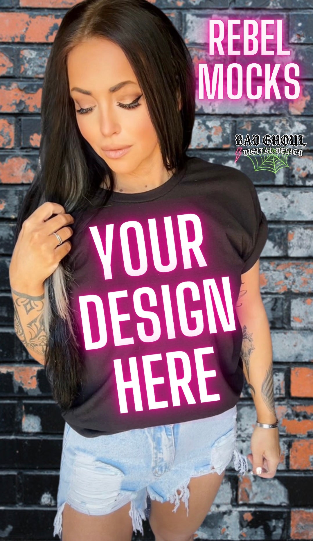 Black Rolled Sleeve Bella Muscle Tank Model Mock Trendy Background Tee IRL Mock Up