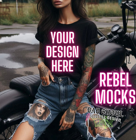 Black Tee scoop neck EDGY Model Mock Up MOTO