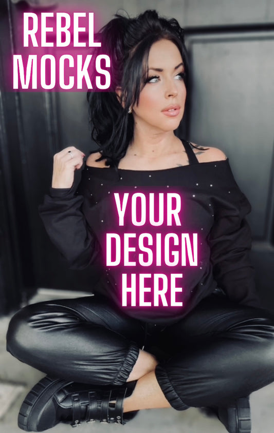 Rhinestone BLING Off Shoulder Black Crew Sweatshirt Model Mock Up