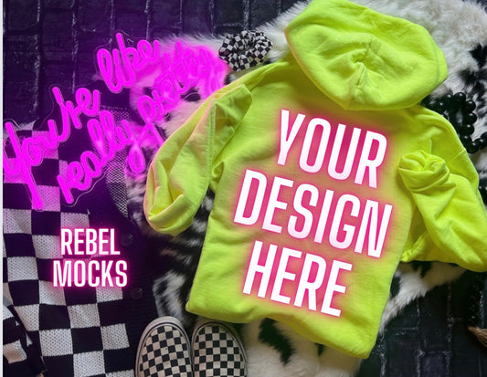 Neon Yellow Hoodie BACK Flat Lay Mock Up Trendy Edgy Vibes