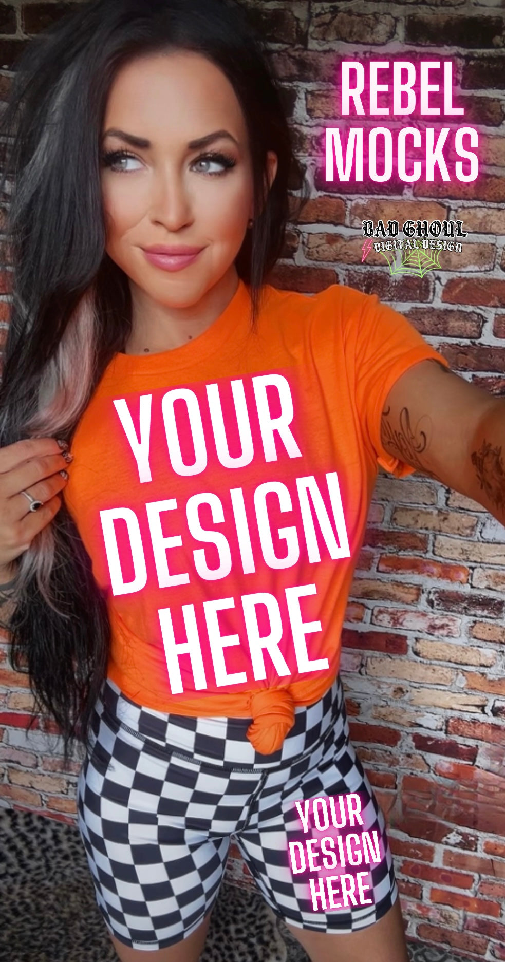 Safety Orange Tee & Checkered Shorts Model Mock Up trendy bundle 2 mocks