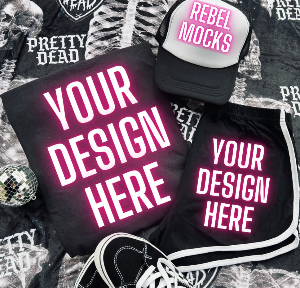Alt Set Black Tee Hat Shorts Trending Alternative Flat Lay Mockup