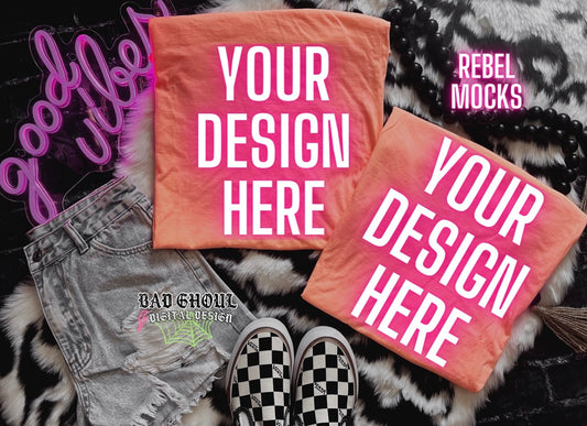 Flat Lay CC Neon Cantaloupe tee Mock Up Trendy Edgy Vibes