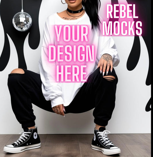 White Longsleeve Tee & Jogger Edgy Trendy Model Mock Up