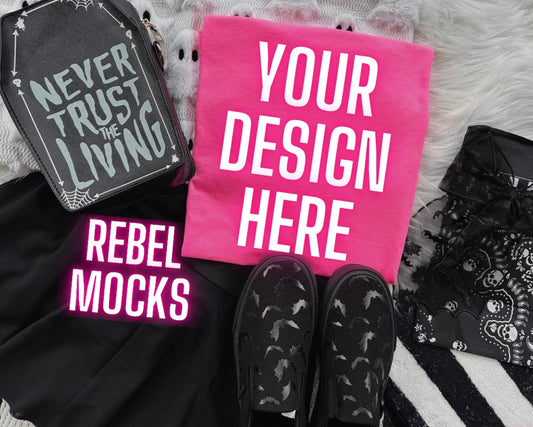 Neon PINK Tee Edgy Alt Flat Lay Checkered Mock up
