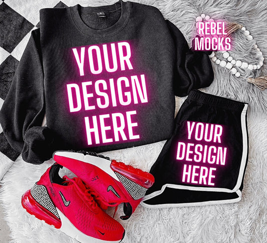Black Crew Neck Sweatshirt Gildan Trendy Mock Up Flat Lay