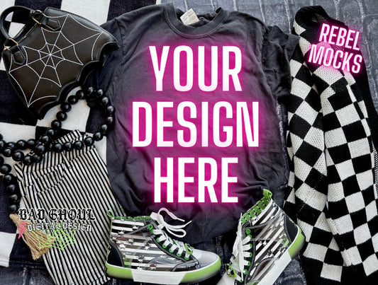 Black Tee Flat Lay Mock Up TRENDING