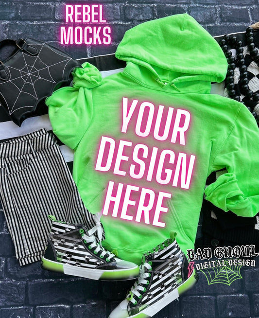 Jerzee Neon Green Flat Lay Hoodie Mock Up TRENDING