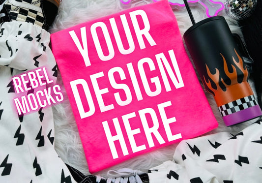 Neon Pink Tee Trending Alternative Flat Lay Mockup