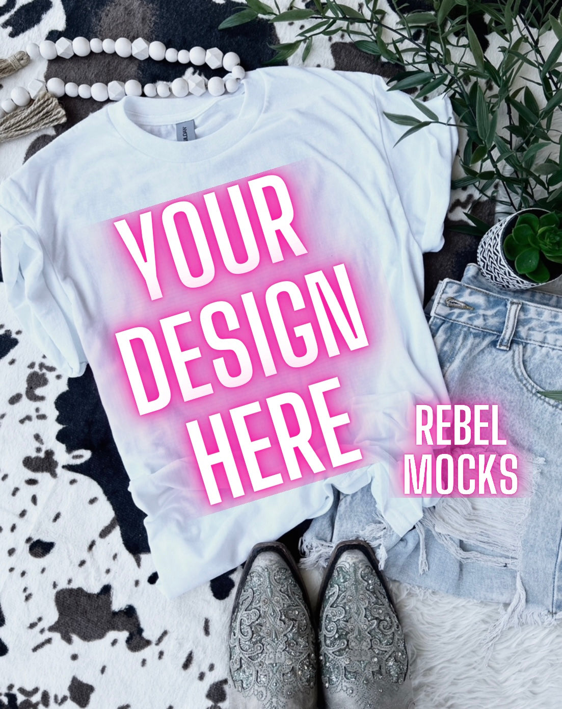 Western Vibe White Tee Flat Lay Mock UP