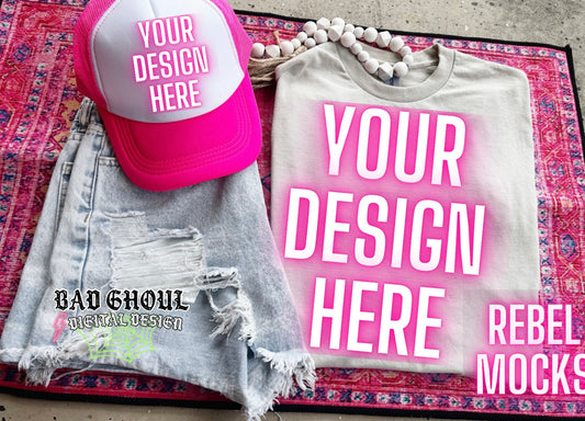 Gildan Sand Tee & Hat Flat Lay Mock Up trendy