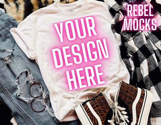White Tee Mock Up Trendy Grungy Edgy Vibes Flat Lay Mock Up