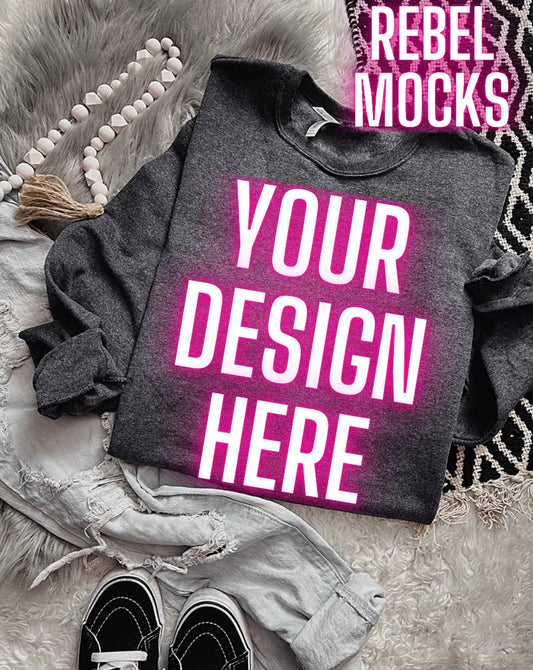 Jerzee Dark Heather Crewneck Sweatshirt Flat Lay Mock UP