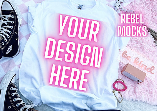 White Tee Happy Vibes TRENDING Flat Lay Mock up