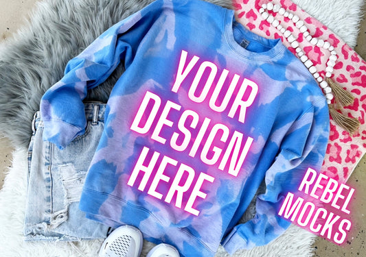 Acid Wash Carolina Blue Crewneck Sweatshirt flat lay Mock Up TRENDY Clean Vibes
