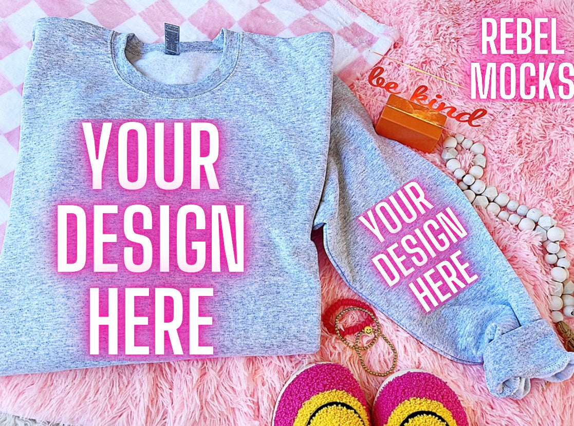 Gildan Ash Crewneck Sweatshirt Happy Vibes TRENDING Flat Lay Mock up