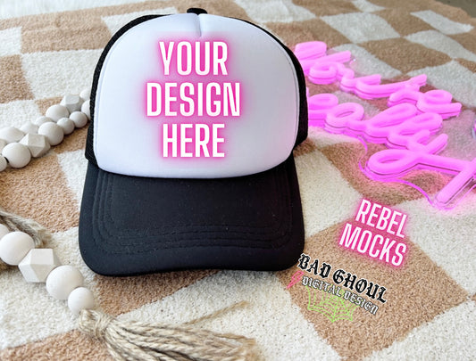 Black And White Trucker Hat Flat Lay Mock Up TRENDING