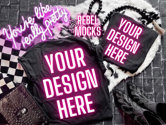 Bundle Black Flat Lay Mock Ups 11 Mocks Trendy Edgy Vibes front some fronts and backs