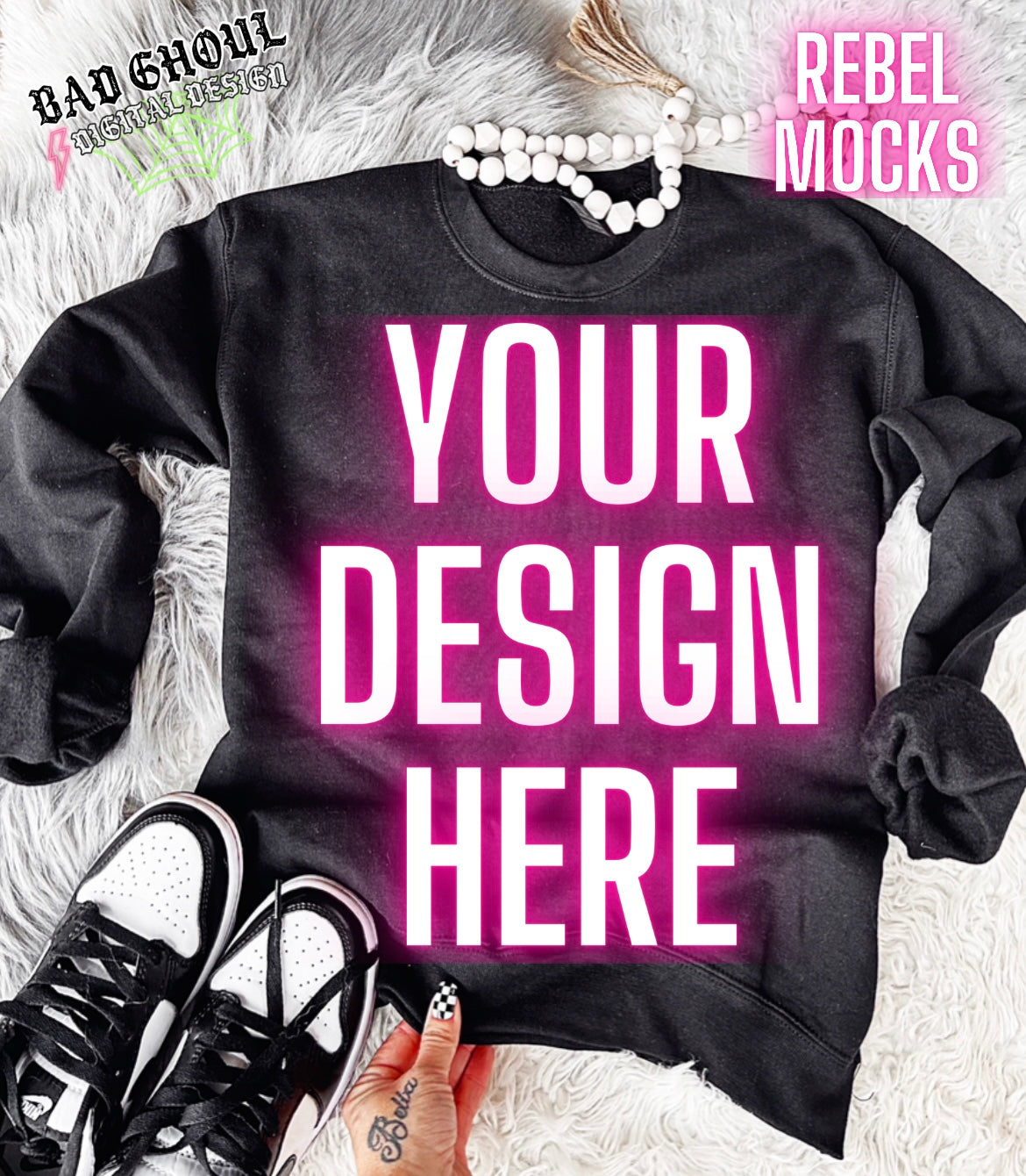 Black Crew Neck Sweatshirt Gildan Trendy Mock Up Flat Lay