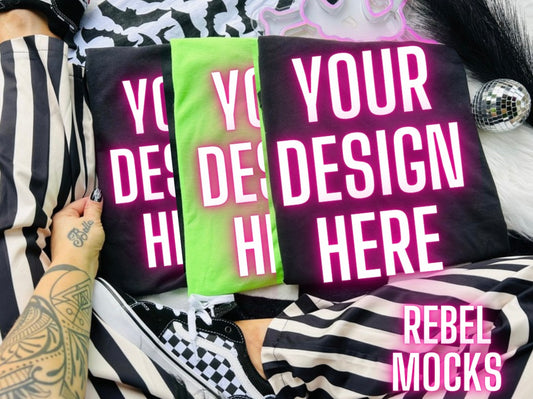 Black And Neon Green Tee Trending Alternative Flat Lay Mockup