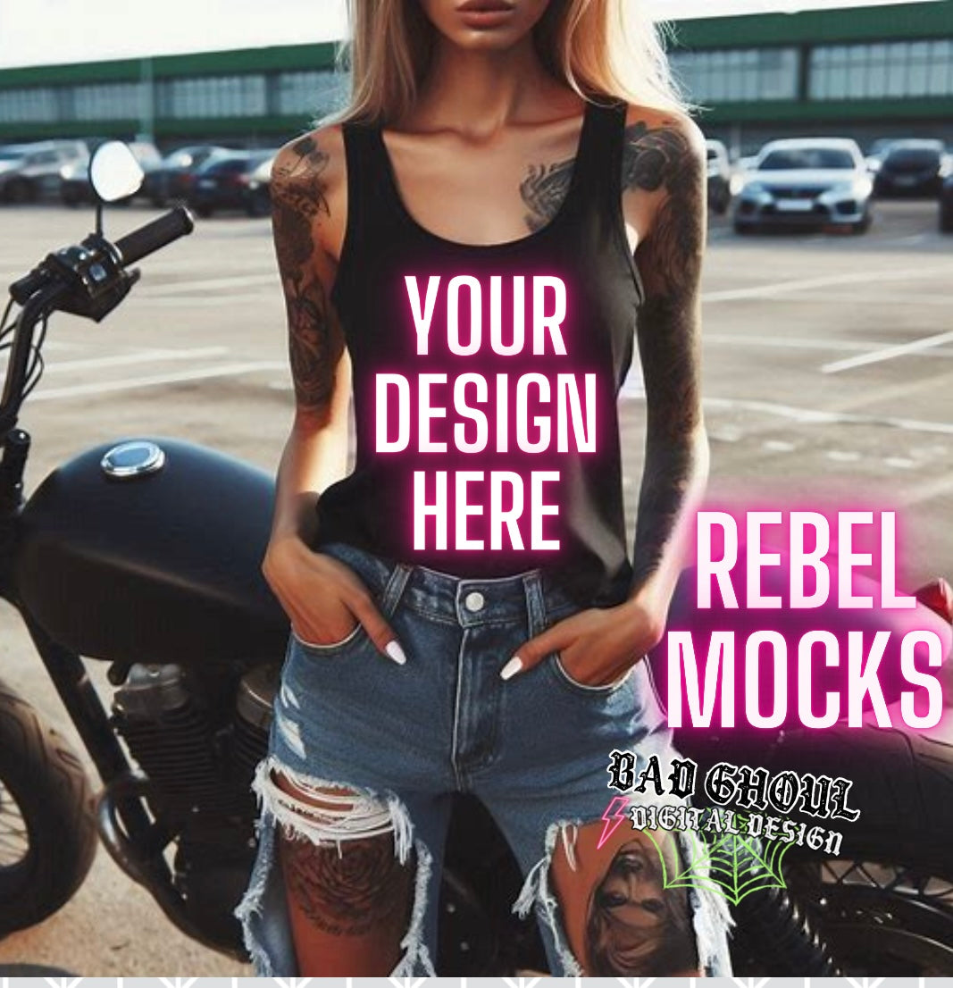 Black Tank Slouchy EDGY Model Mock Up MOTO