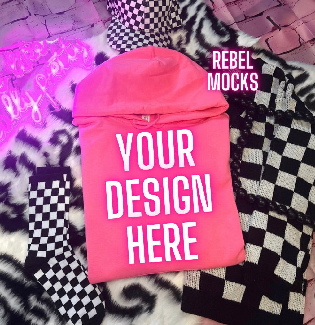 Neon Pink Hoodie Flat Lay Mock Up Trendy Edgy Vibes 2 Mocks