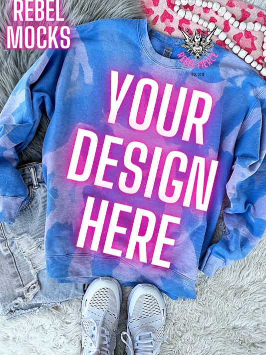 Acid Wash Carolina Blue Crewneck Sweatshirt flat lay Mock Up TRENDY Clean Vibes