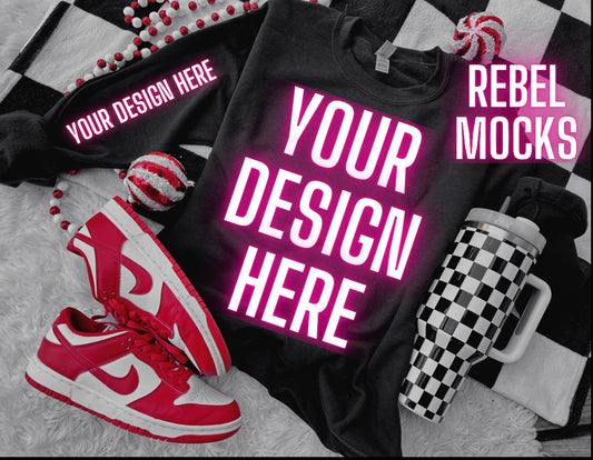 Black Crew Neck Sweatshirt Holiday Flat Lay Mock Up