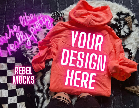 Neon H Retro Coral Hoodie BACK Flat Lay Mock Up Trendy Edgy Vibes