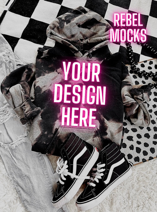 Black Acid Wash Hoodie Sweatshirt Flat Lay Mock Up TRENDING VIBES