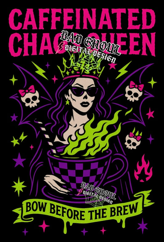 Caffeinated Chaos Queen PNG Download BLACK FABRIC ONLY