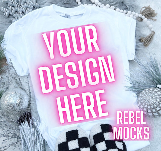 White Gildan Tee Neutral Holiday Winter Flat Lay Mock Up Checkered