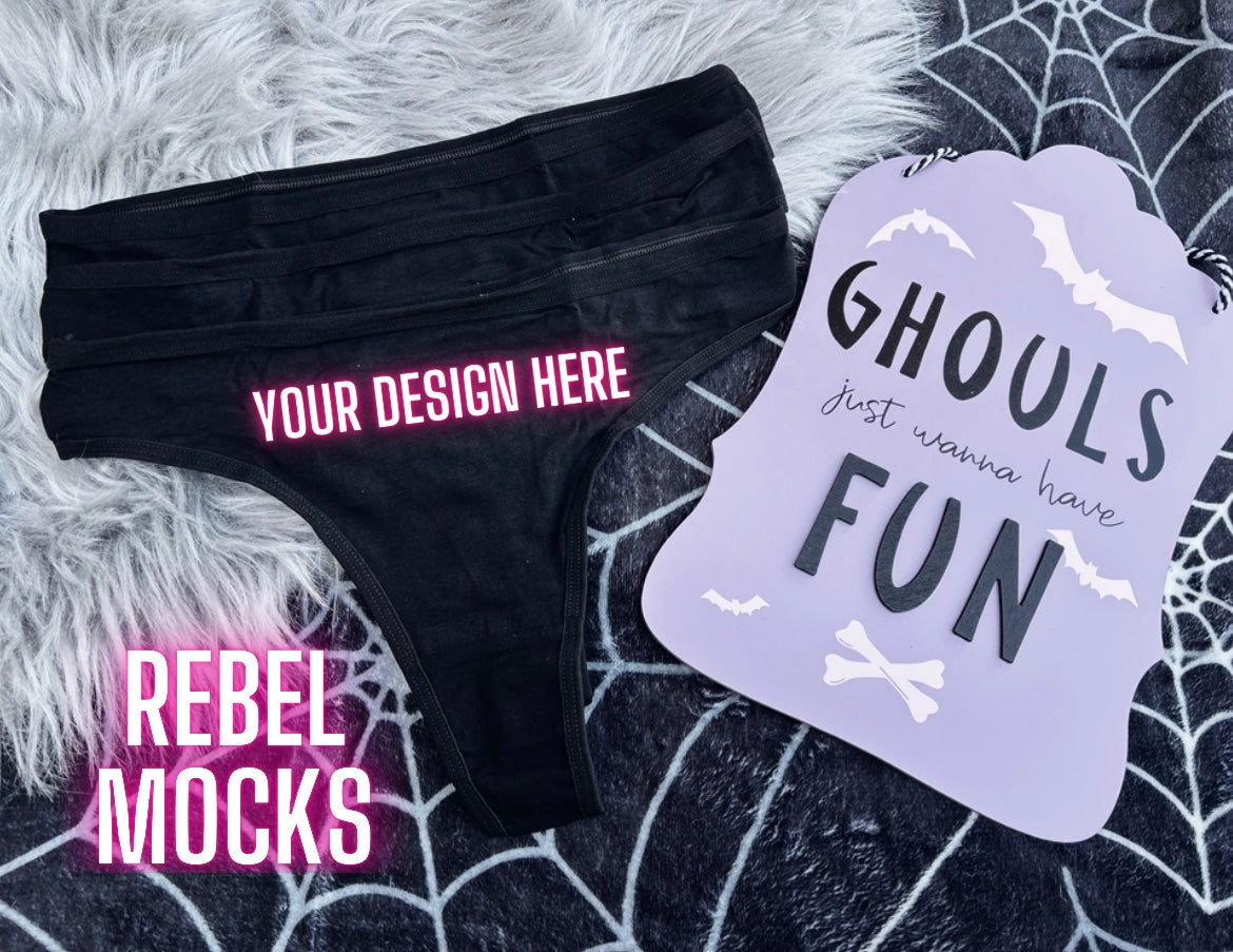 Black Thong Undies Lingerie Mock Up Flat Lay