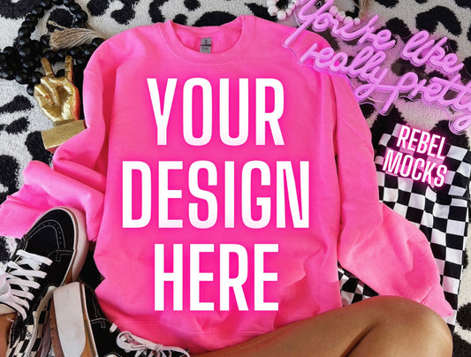 Safety Pink Crew Neck Gildan Flat Lay Mock Up TRENDING
